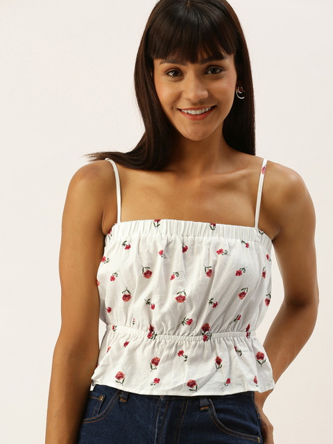 

FOREVER 21 Women White & Red Floral Print Cinched Waist Top