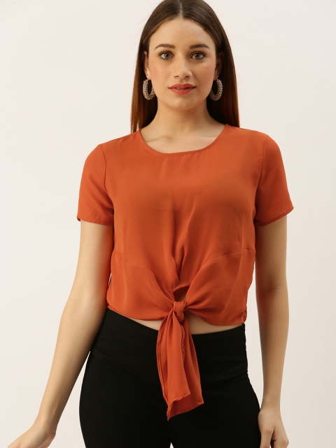 

FOREVER 21 Women Rust Brown Solid Cinched Waist Cropped Top With Waist Tie-Up Detail