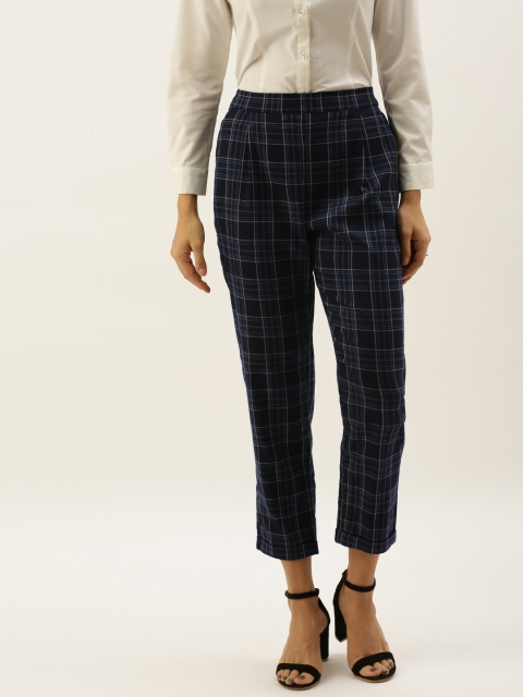 

FOREVER 21 Women Navy Blue & Mustard Yellow Regular Fit Checked Cropped Peg Trousers