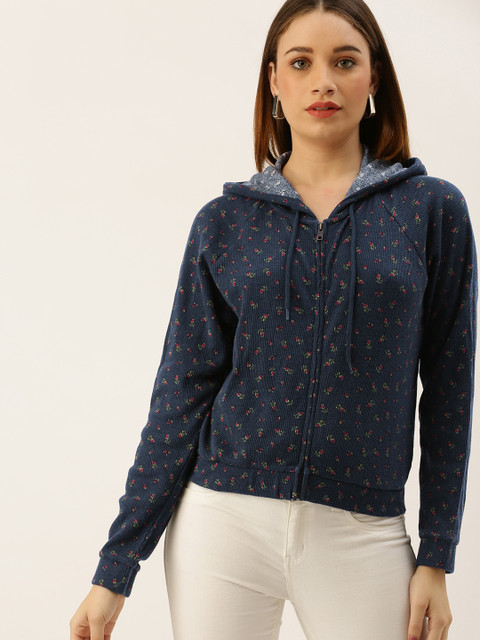 

FOREVER 21 Women Navy Blue Printed Hooded Sweatshirt