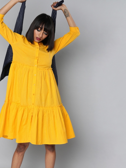 

SASSAFRAS Women Yellow Solid Tiered A-Line Dress