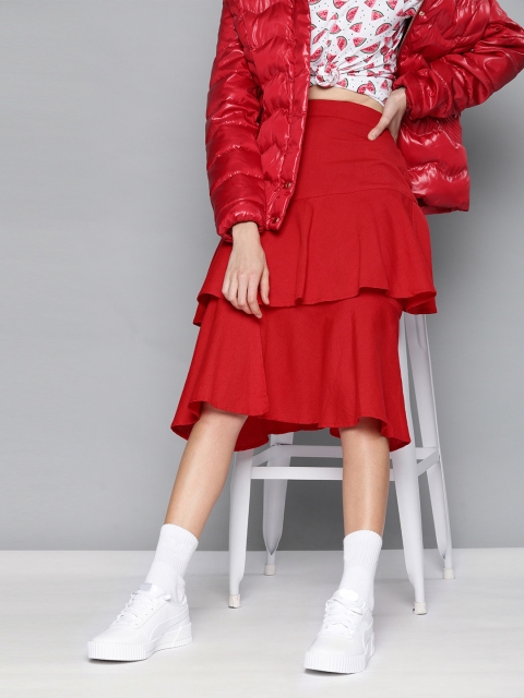 

SASSAFRAS Women Red Solid Midi Layered Skirt