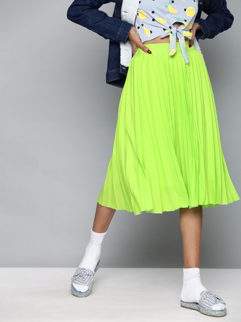 

SASSAFRAS Women Fluorescent Green Solid Accordion Pleated A-Line Skirt