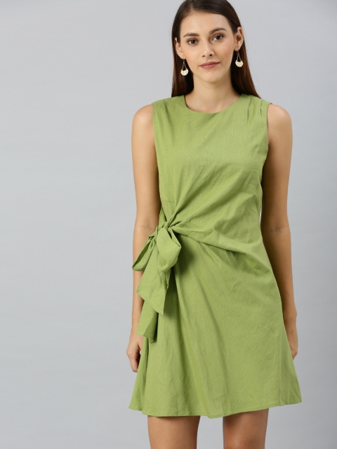

SASSAFRAS Women Sea Green Solid Side knot A-Line Dress