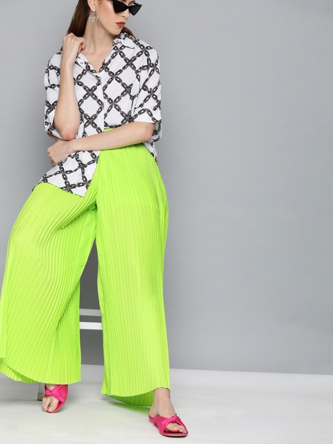 

SASSAFRAS Women Fluorescent Green Solid Accordion Pleated Flared Palazzos