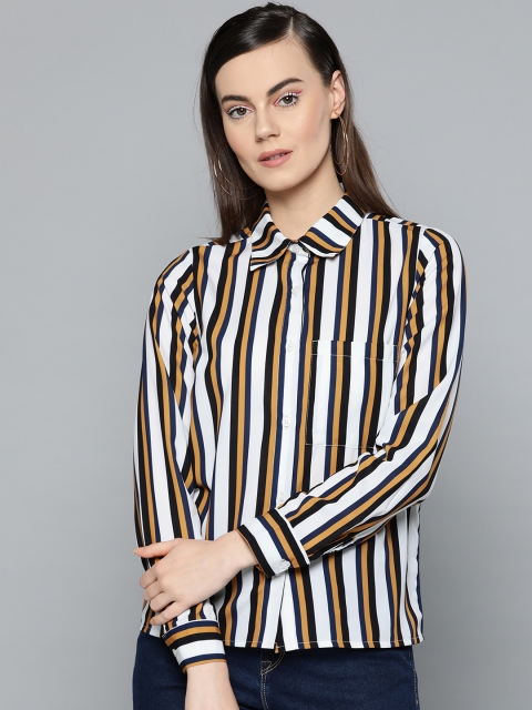

Harpa Women Off-White & Navy Blue Regular Fit Striped Casual Shirt
