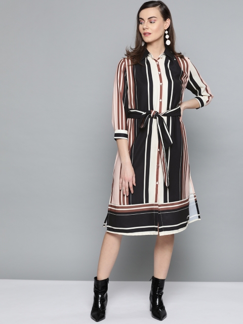 

Harpa Women Black & Beige Striped Shirt Dress