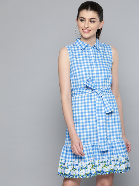 

Harpa Women Blue & White Checked A-Line Dress
