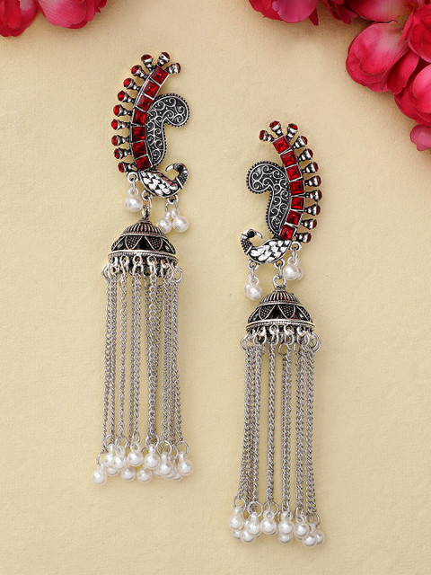 

Rubans Oxidised Silver-Plated Stone-Studded & Beaded Handcrafted Enamell Classic Jhumkas