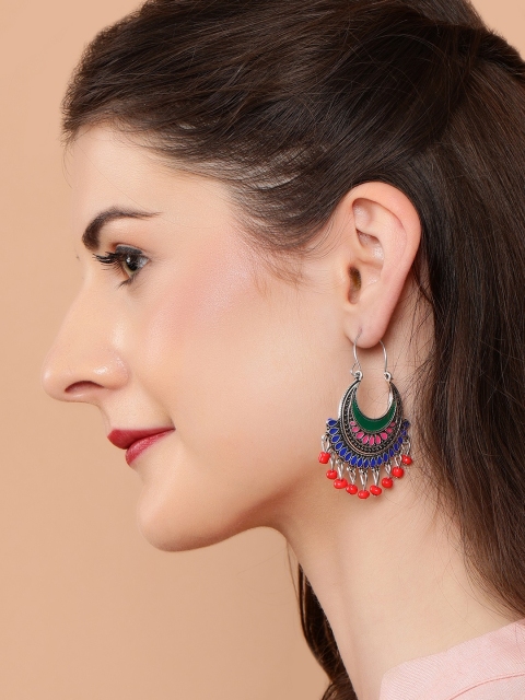 

Rubans Silver-Plated Red & Blue Oxidised Handcrafted Enamel Classic Chandbalis