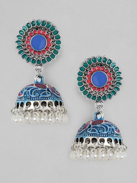 

Rubans Silver-Plated Blue & Green Handcrafted Dome Shaped Jhumkas