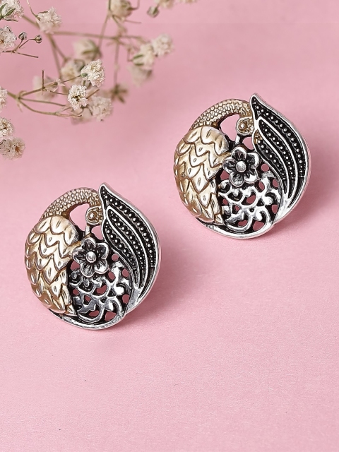 

Rubans Silver-Plated & Gold-Toned Oxidised Handcrafted Enamel Peacock Shaped Studs