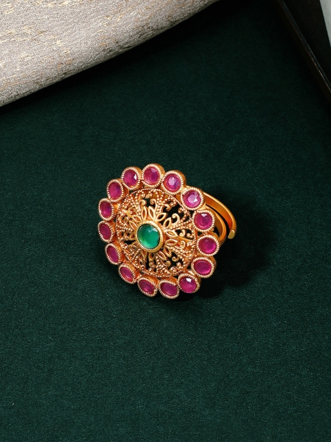 

Rubans Gold-Plated Pink & Green Stone-Studded Handcrafted Adjustable Statement Finger Ring