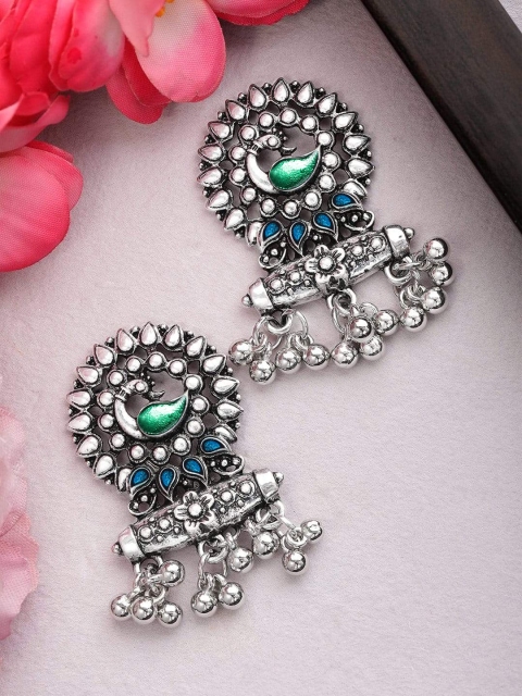 

Rubans Silver-Plated & Green Oxidised Handcrafted Enamel Classic Drop Earrings