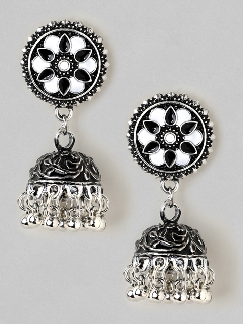 

Rubans Silver-Plated Oxidised Handcrafted Enamelled Dome Shaped Jhumkas