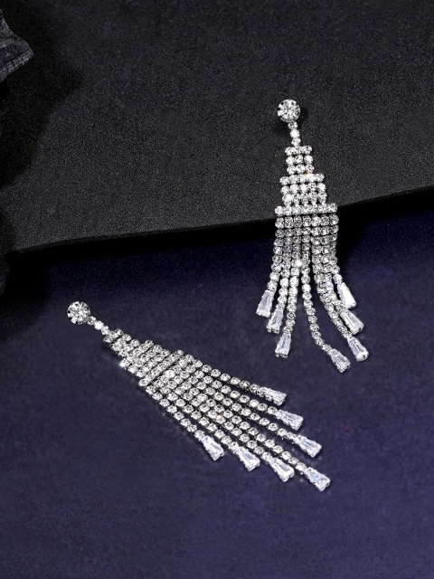 

Rubans Silver-Plated & White Cubic Zirconia Contemporary Drop Earrings