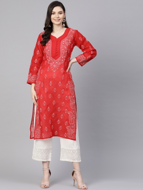 

ADA Women Red & White Chikankari Hand Embroidered Semi Sheer Straight Kurta