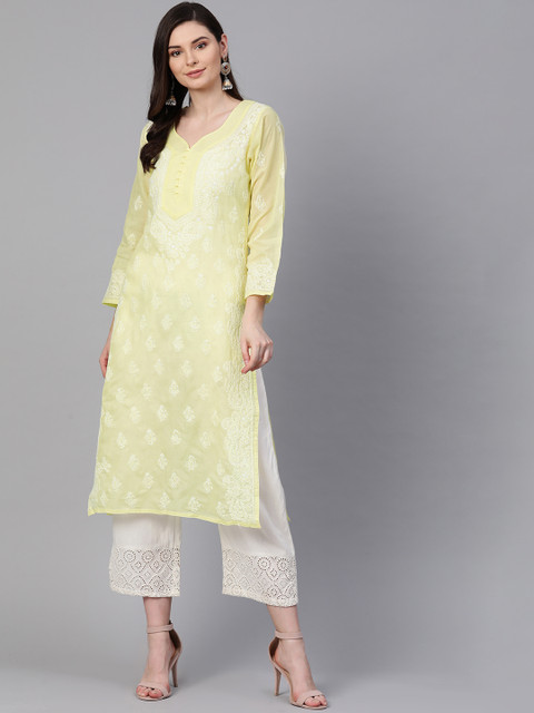 

ADA Women Yellow & White Chikankari Hand Embroidered Semi Sheer Straight Kurta