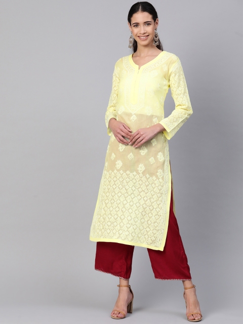 

ADA Women Yellow & White Chikankari Embroidered Straight Sustainable Kurta