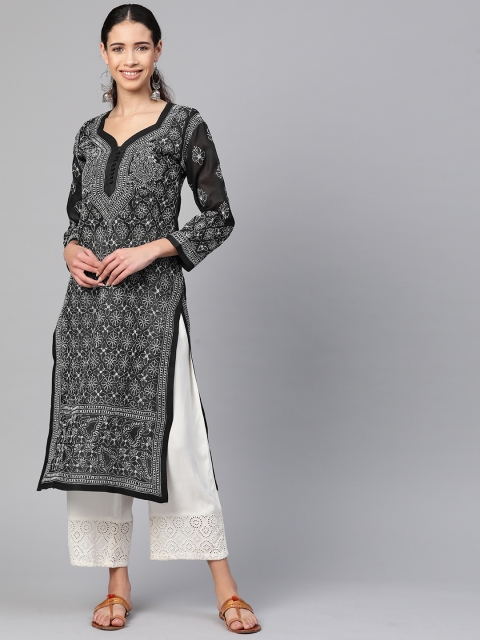 

ADA Women Black & White Chikankari Hand Embroidered Semi-Sheer Straight Kurta
