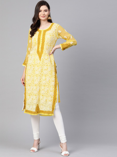 

ADA Women Mustard Yellow & White Chikankari Embroidered Sheer Straight Sustainable Kurta