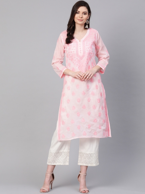 

ADA Women Pink Chikankari Hand Embroidered Semi Sheer Straight Sustainable Handloom Kurta