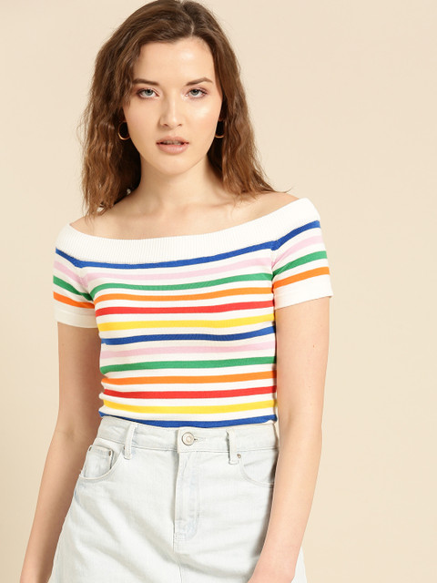 

United Colors of Benetton Women White & Yellow Candy Striped Bardot Top