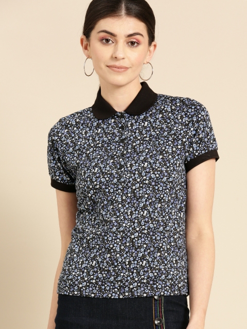

United Colors of Benetton Women Blue & White Floral Print Polo Collar T-shirt