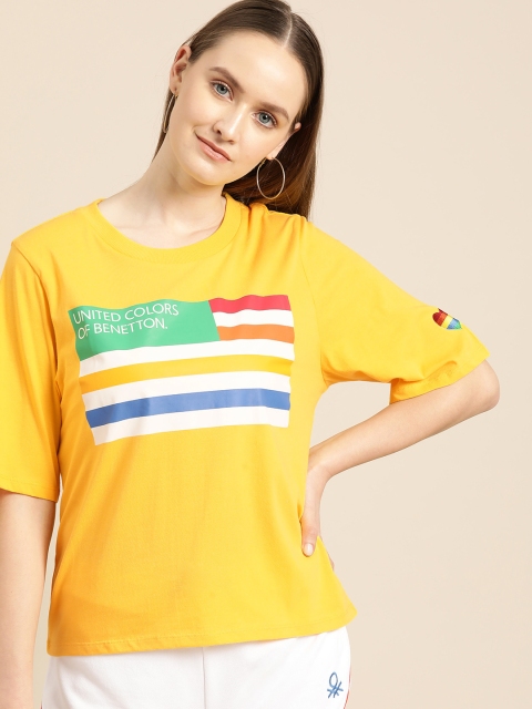 

United Colors of Benetton Women Yellow & White Printed Round Neck T-shirt