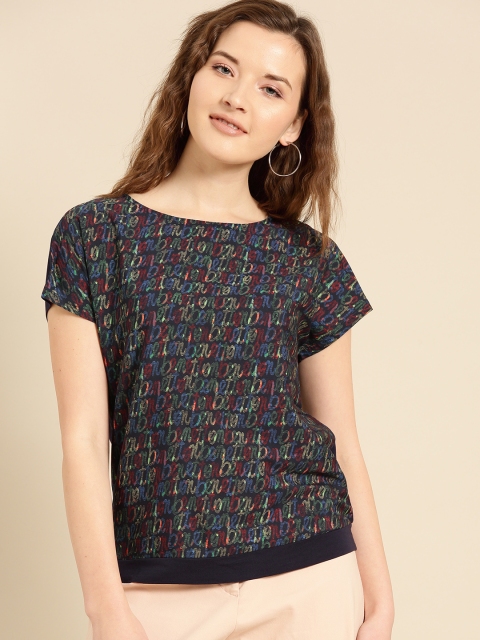 

United Colors of Benetton Women Navy Blue & Green Printed Top
