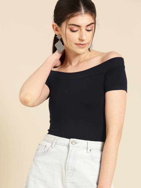 United Colors of Benetton Women Navy Blue Solid Bardot Top