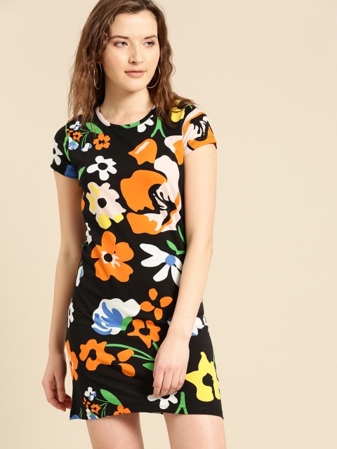 

United Colors of Benetton Women Black & Orange Printed T-shirt Dress