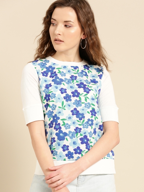 

United Colors of Benetton Women White & Blue Floral Print Top