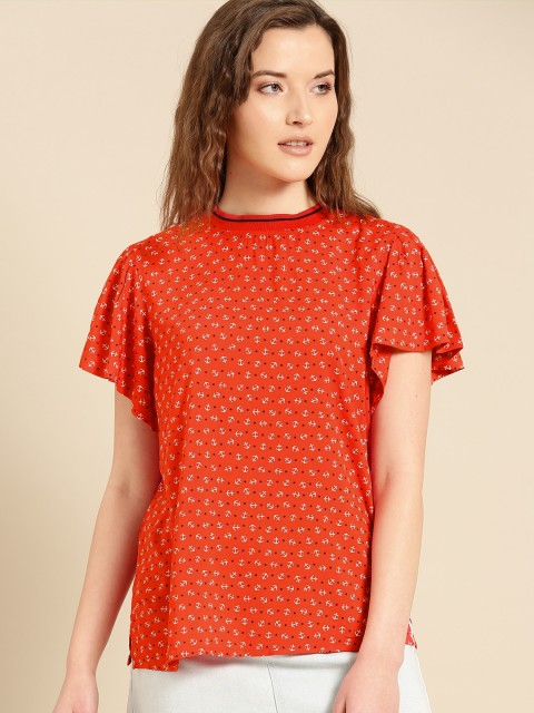 

United Colors of Benetton Women Coral Red & White Printed Top