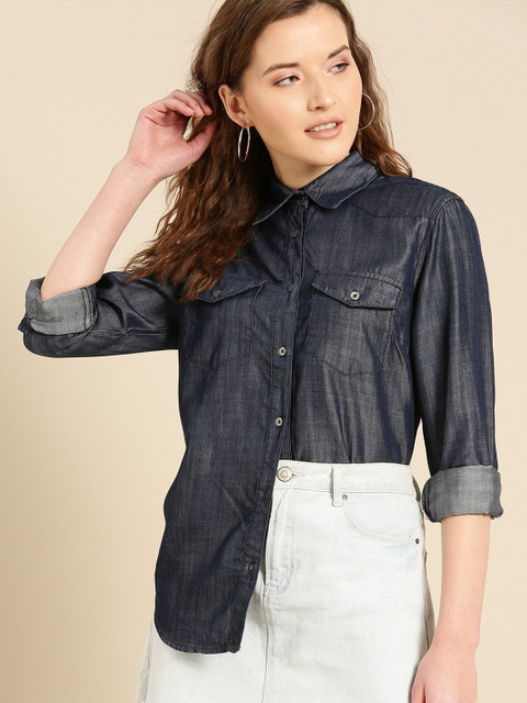

United Colors of Benetton Women Navy Blue Regular Fit Solid Chambray Casual Shirt