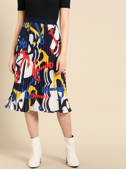 

United Colors of Benetton Women Blue & White Printed Accordion Pleat A-Line Skirt