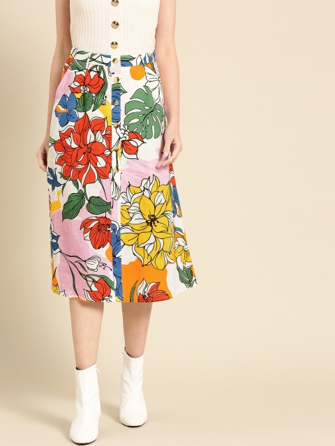 

United Colors of Benetton Women White & Red Printed Linen A-Line Skirt