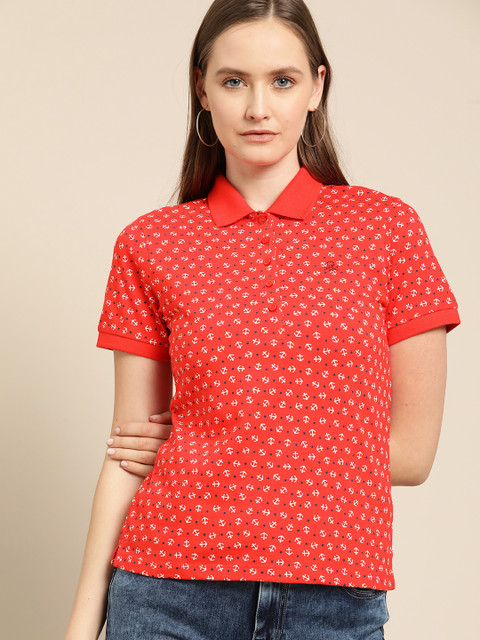 

United Colors of Benetton Women Coral Red & White Printed Polo Collar T-shirt