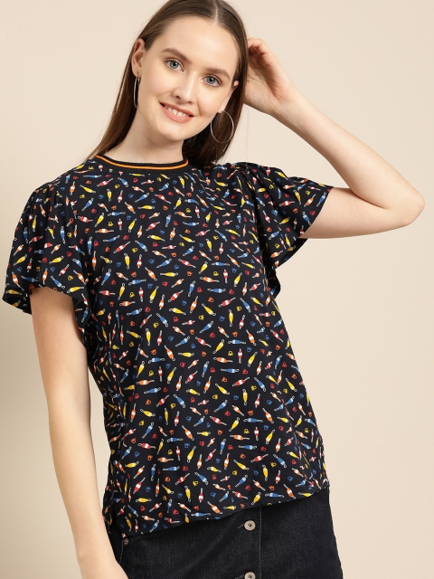 

United Colors of Benetton Women Navy Blue & Red Quirky Print Top