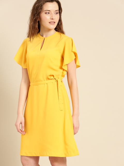 

United Colors of Benetton Women Mustard Yellow Solid A-Line Dress With Belt