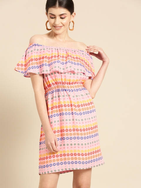 

United Colors of Benetton Women Pink & Blue Printed Linen Off-Shoulder A-Line Dress