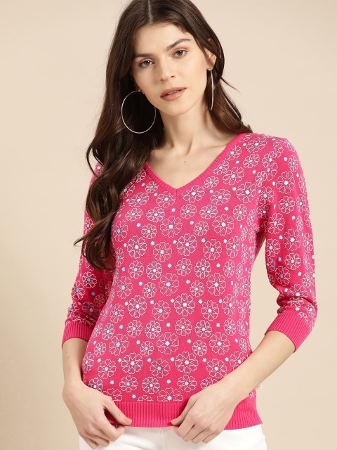 

United Colors of Benetton Women Pink & White Printed Fitted Top