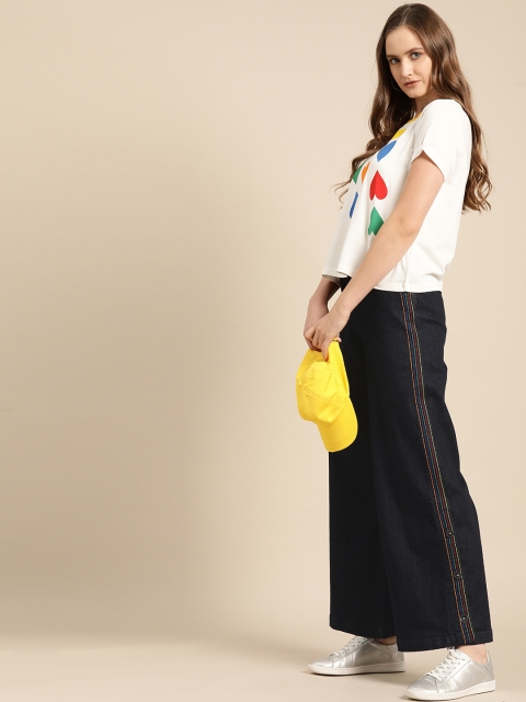 

United Colors of Benetton Women Navy Blue High Rise Flared Solid Bootcut Trousers