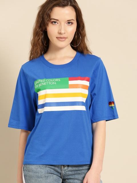 United Colors of Benetton Women Blue & White Printed Round Neck T-shirt