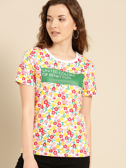 

United Colors of Benetton Women White & Pink Printed Round Neck T-shirt