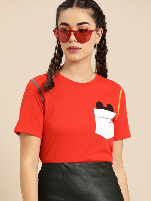 

United Colors of Benetton Women Coral Red Mickey Mouse Round Neck T-shirt