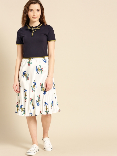 

United Colors of Benetton Women Navy Blue & White Printed Fit and Flare Dress