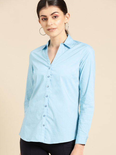 

United Colors of Benetton Women Blue Regular Fit Solid Knitted Formal Shirt