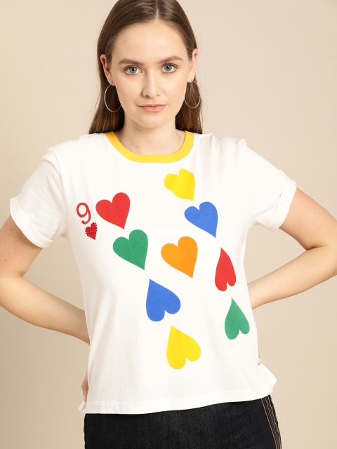 

United Colors of Benetton Women White & Blue Printed Round Neck T-shirt