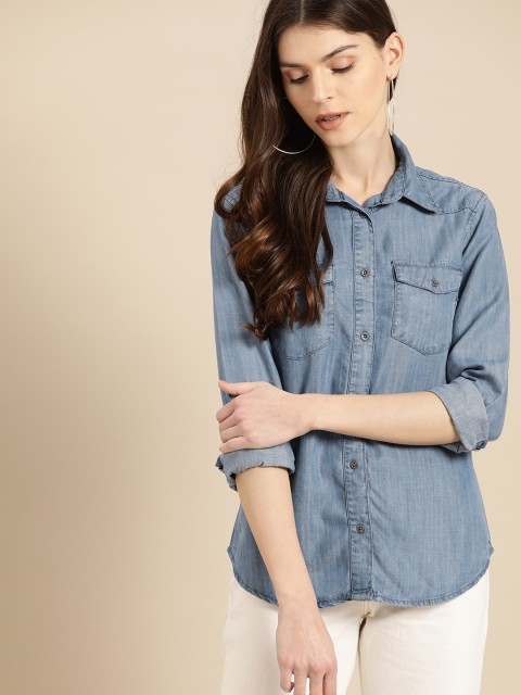 

United Colors of Benetton Women Blue Regular Fit Faded Denim Casual Shirt
